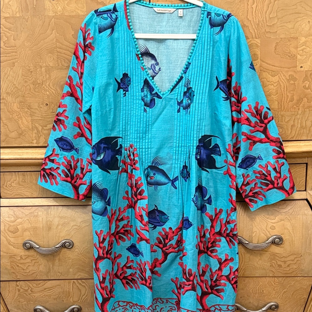 Soft Surroundings Turquoise Swim Coverup with Blue Fish and Red Coral